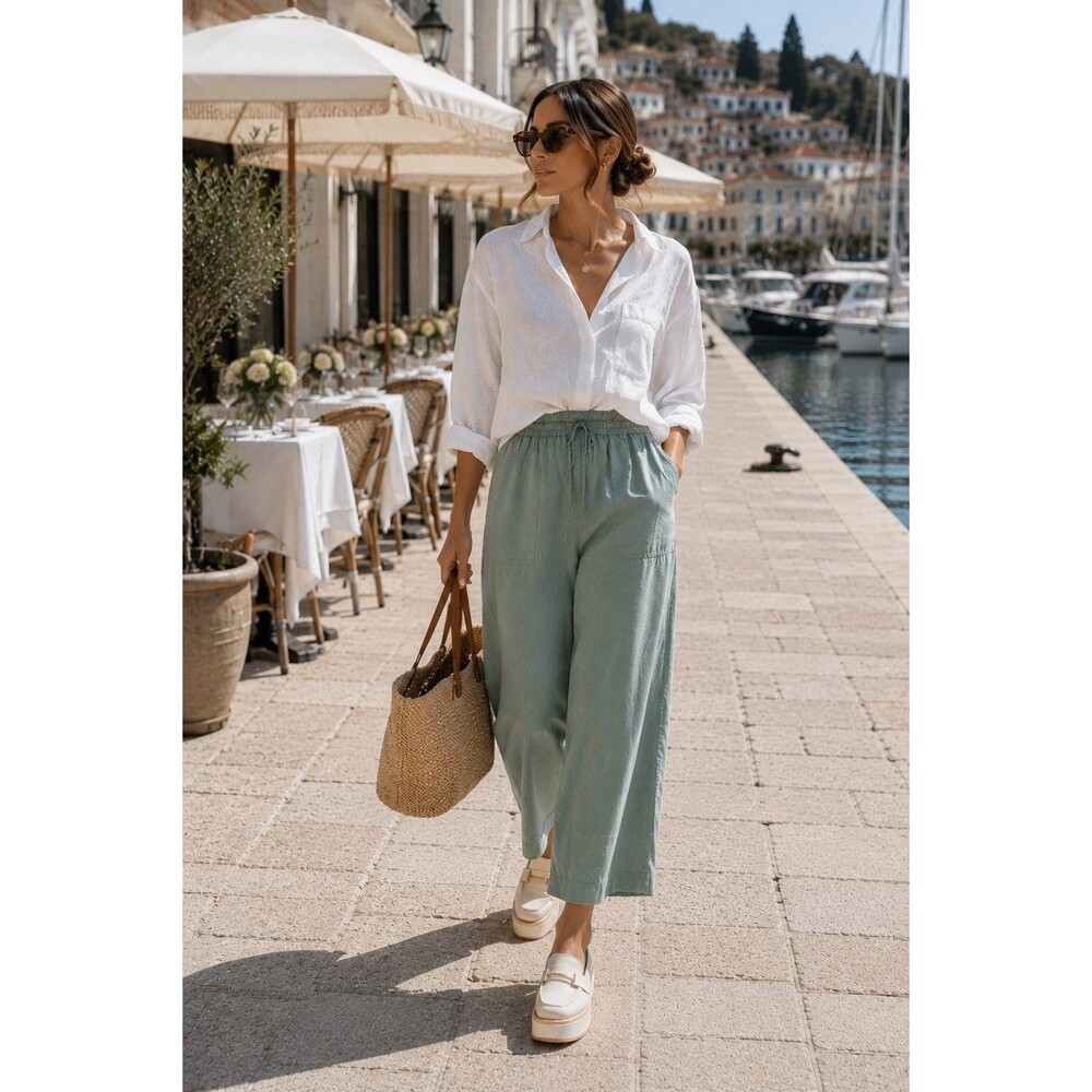 Thread & Supply Lyocell Wide Leg Ankle Pants Sage Green Drawstring Small